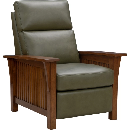 Kade Manual Push-Through-the-Arms Recliner in Oasis Olive Green Top-Grain Leather & Wood